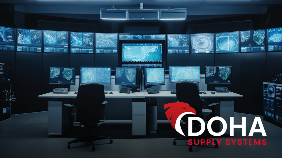 Control room with monitors and the Doha logo